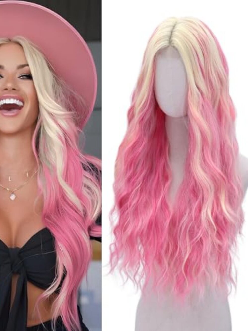 Pink and Blonde Wig-Long Pink Blonde Wigs For Women Synthetic Wig 28 Inch